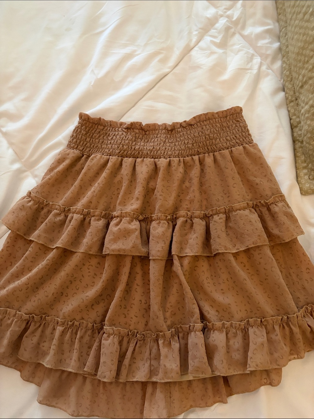 Altar'd State Tiered Ruffle Mini Skirt in Camel